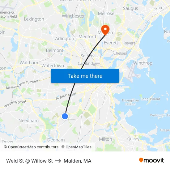 Weld St @ Willow St to Malden, MA map