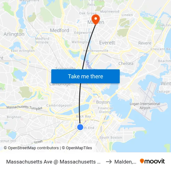 Massachusetts Ave @ Massachusetts Ave Station to Malden, MA map