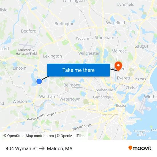 404 Wyman St to Malden, MA map