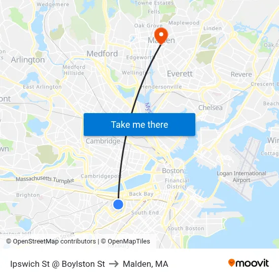 Ipswich St @ Boylston St to Malden, MA map