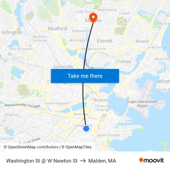 Washington St @ W Newton St to Malden, MA map