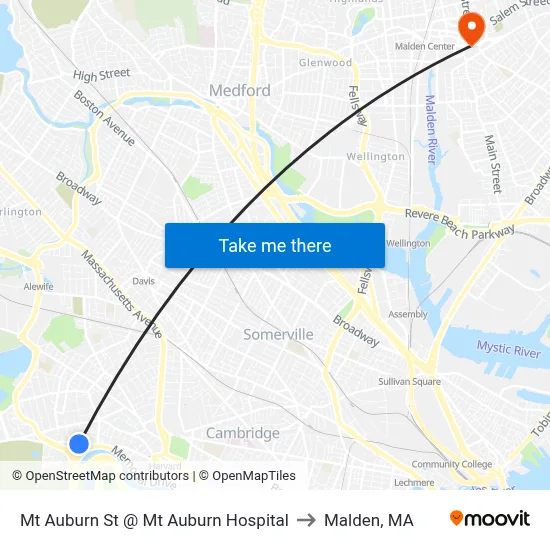 Mt Auburn St @ Mt Auburn Hospital to Malden, MA map