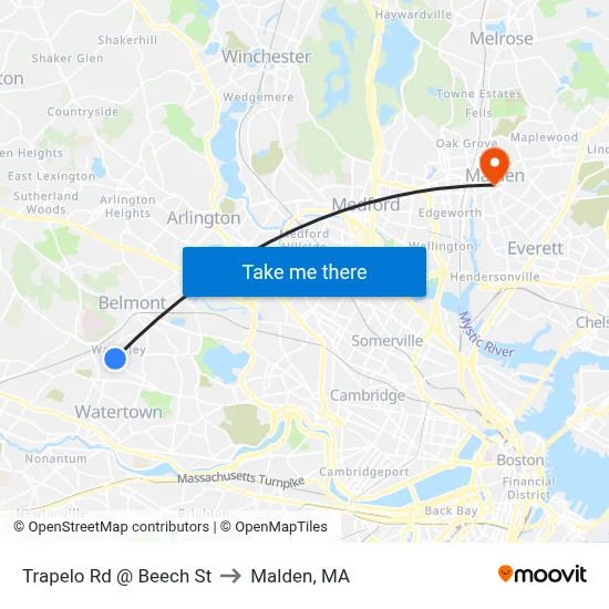 Trapelo Rd @ Beech St to Malden, MA map