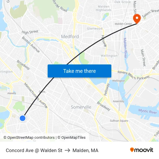 Concord Ave @ Walden St to Malden, MA map