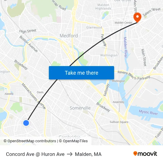 Concord Ave @ Huron Ave to Malden, MA map