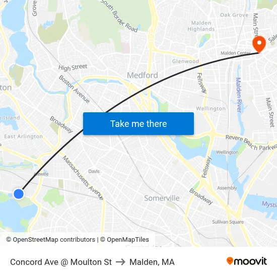 Concord Ave @ Moulton St to Malden, MA map