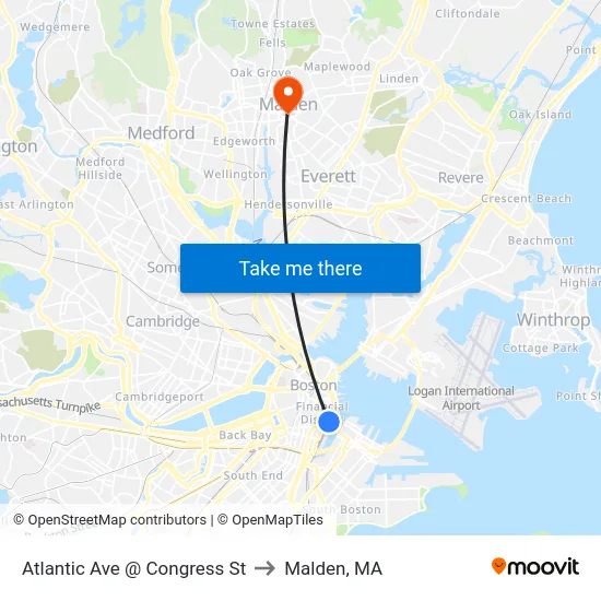 Atlantic Ave @ Congress St to Malden, MA map