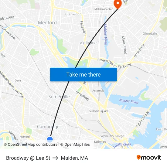 Broadway @ Lee St to Malden, MA map