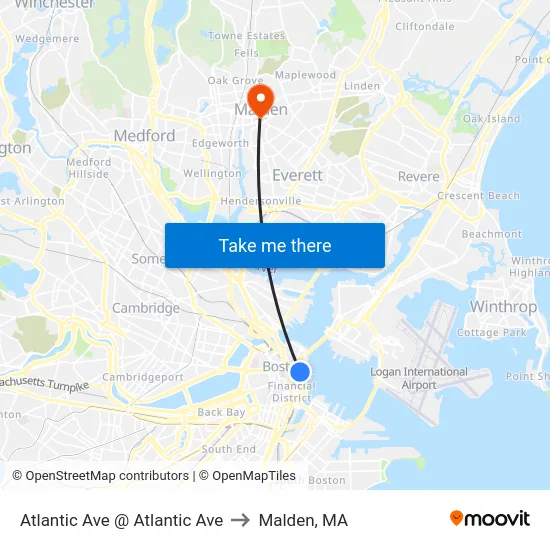 Atlantic Ave @ Atlantic Ave to Malden, MA map