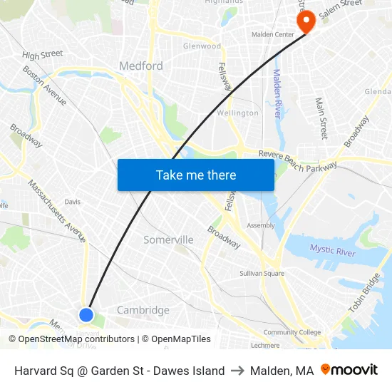 Harvard Sq @ Garden St - Dawes Island to Malden, MA map