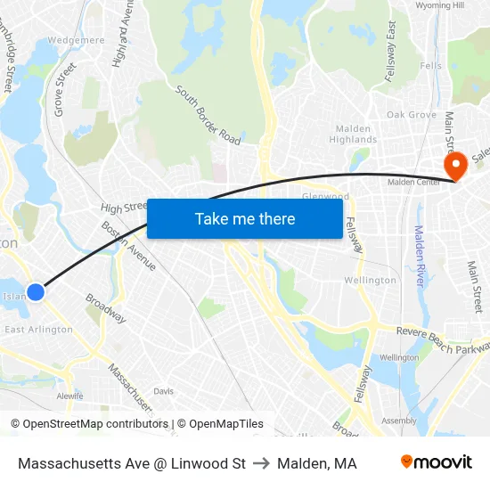 Massachusetts Ave @ Linwood St to Malden, MA map