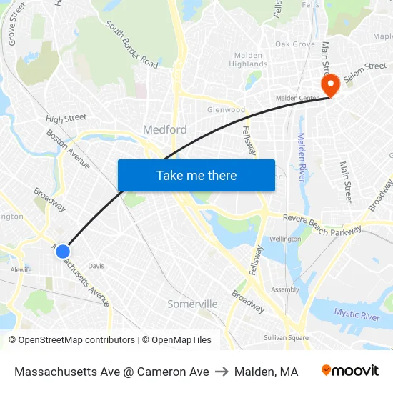 Massachusetts Ave @ Cameron Ave to Malden, MA map
