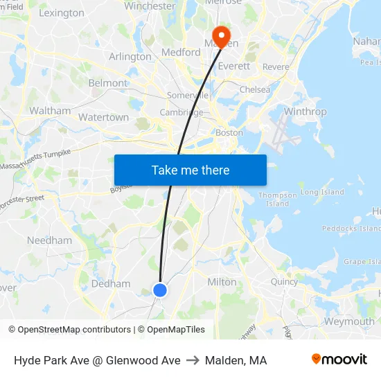 Hyde Park Ave @ Glenwood Ave to Malden, MA map