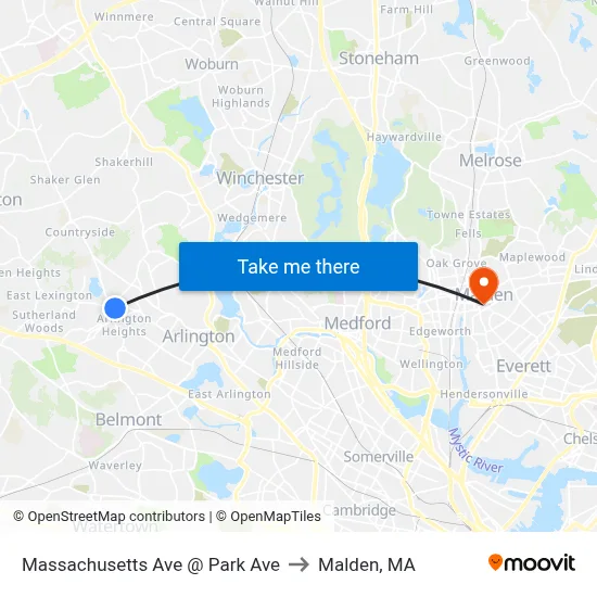Massachusetts Ave @ Park Ave to Malden, MA map