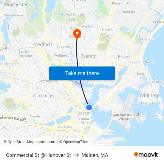 Commercial St @ Hanover St to Malden, MA map
