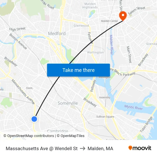 Massachusetts Ave @ Wendell St to Malden, MA map