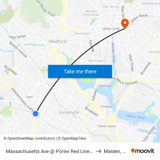 Massachusetts Ave @ Porter Red Line Sta to Malden, MA map