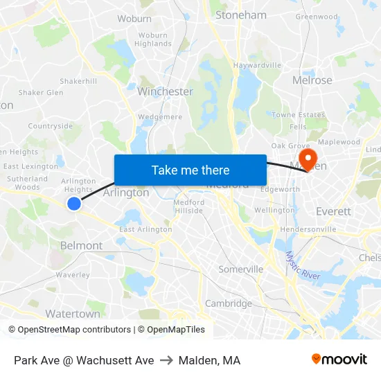 Park Ave @ Wachusett Ave to Malden, MA map