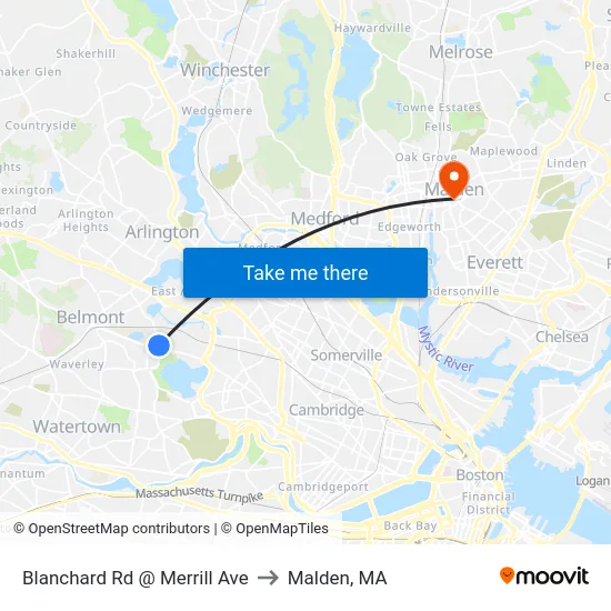 Blanchard Rd @ Merrill Ave to Malden, MA map