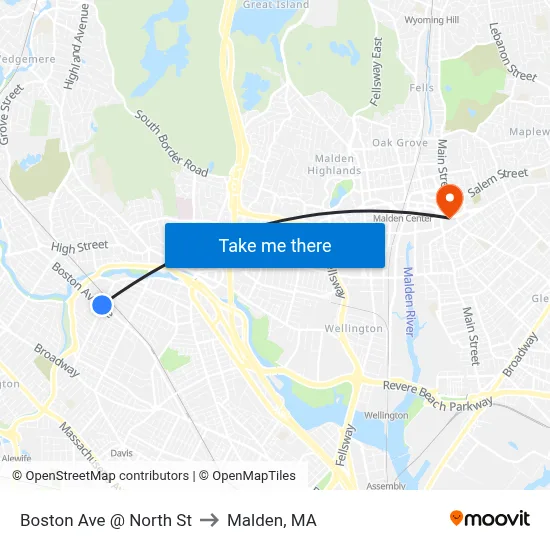 Boston Ave @ North St to Malden, MA map