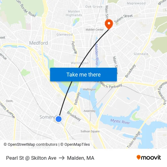 Pearl St @ Skilton Ave to Malden, MA map