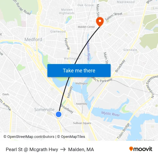 Pearl St @ Mcgrath Hwy to Malden, MA map