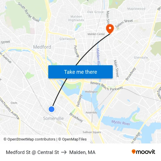 Medford St @ Central St to Malden, MA map