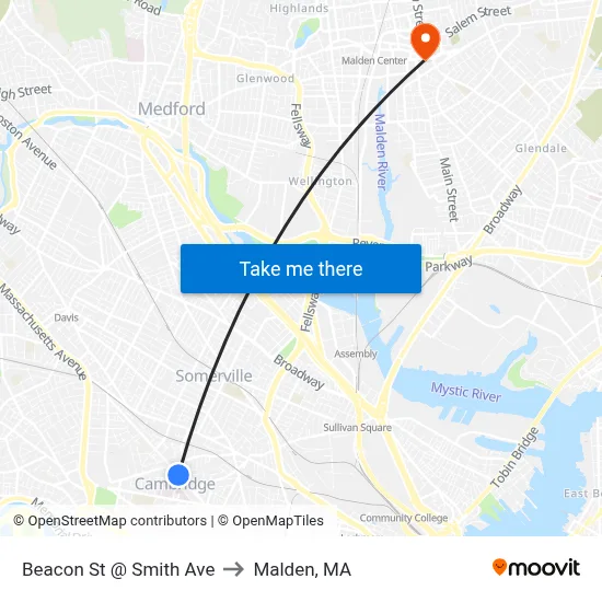 Beacon St @ Smith Ave to Malden, MA map