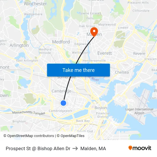Prospect St @ Bishop Allen Dr to Malden, MA map