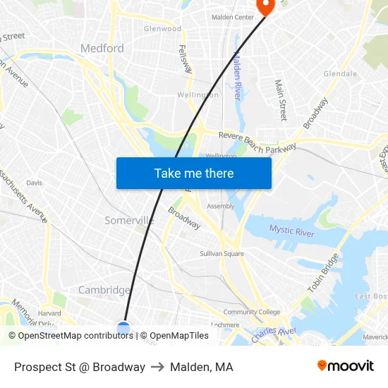 Prospect St @ Broadway to Malden, MA map