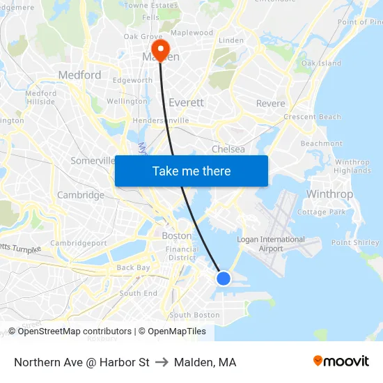 Northern Ave @ Harbor St to Malden, MA map