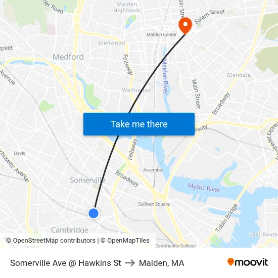 Somerville Ave @ Hawkins St to Malden, MA map
