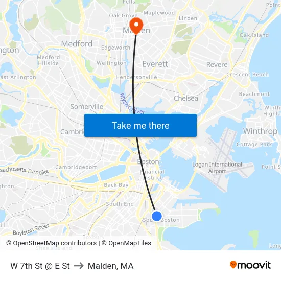 W 7th St @ E St to Malden, MA map