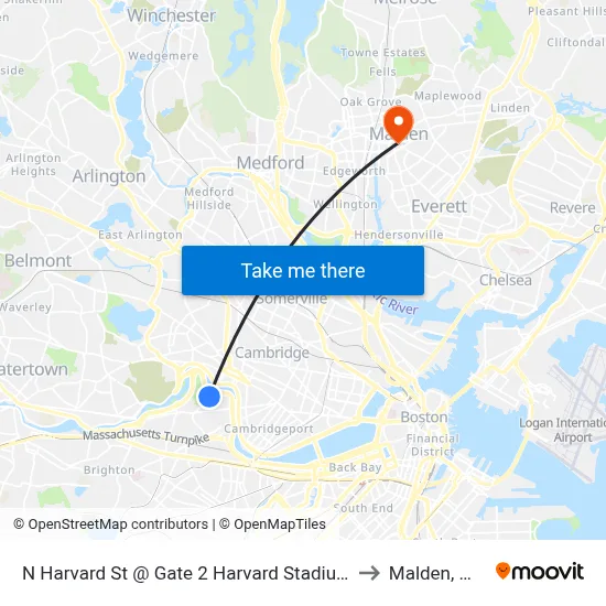 N Harvard St @ Gate 2 Harvard Stadium to Malden, MA map