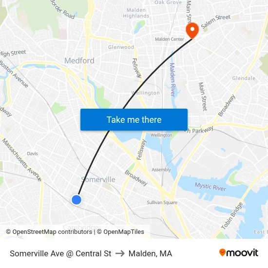 Somerville Ave @ Central St to Malden, MA map