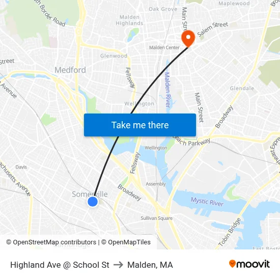 Highland Ave @ School St to Malden, MA map