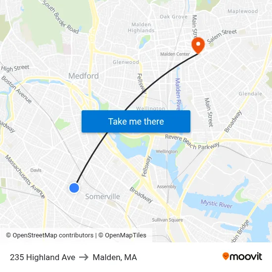 235 Highland Ave to Malden, MA map