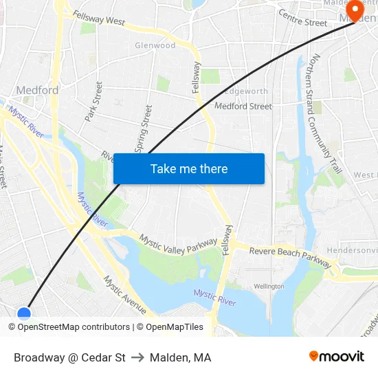 Broadway @ Cedar St to Malden, MA map