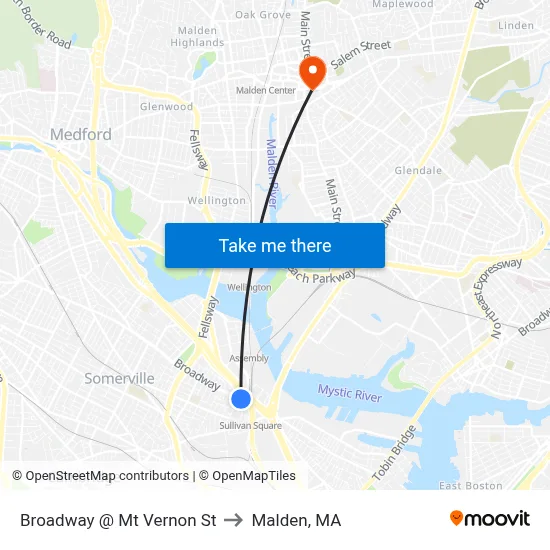 Broadway @ Mt Vernon St to Malden, MA map