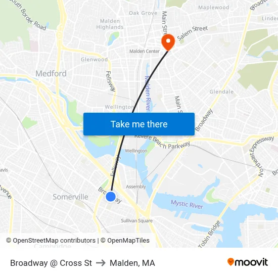 Broadway @ Cross St to Malden, MA map
