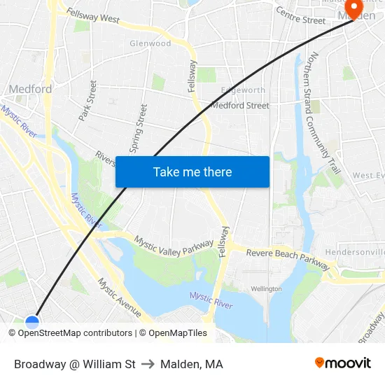 Broadway @ William St to Malden, MA map