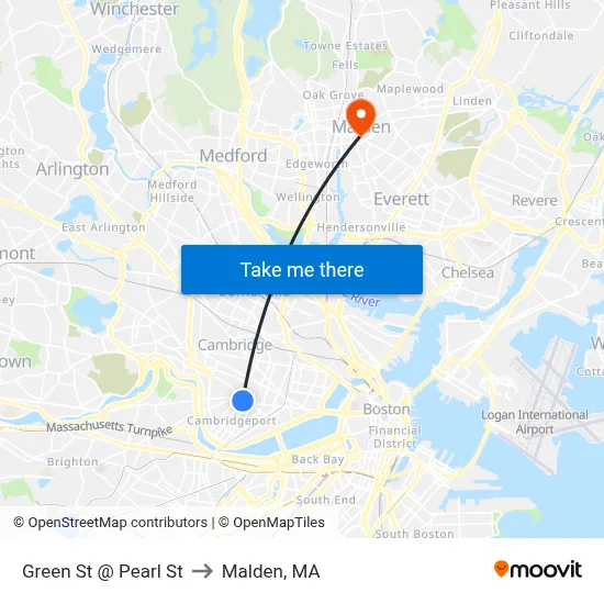 Green St @ Pearl St to Malden, MA map