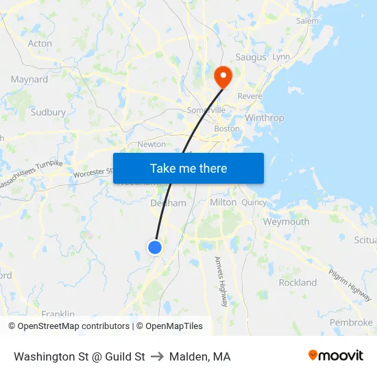 Washington St @ Guild St to Malden, MA map