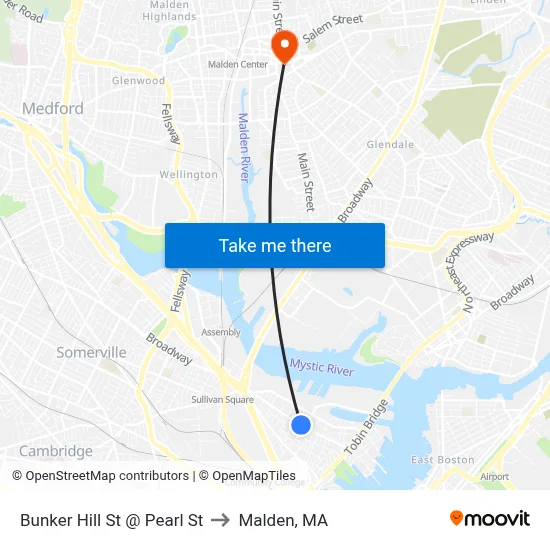 Bunker Hill St @ Pearl St to Malden, MA map