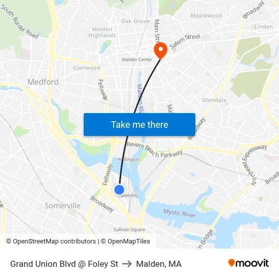 Grand Union Blvd @ Foley St to Malden, MA map