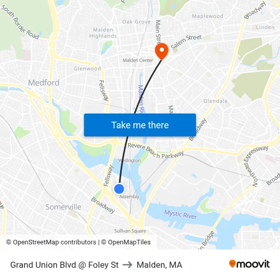 Grand Union Blvd @ Foley St to Malden, MA map