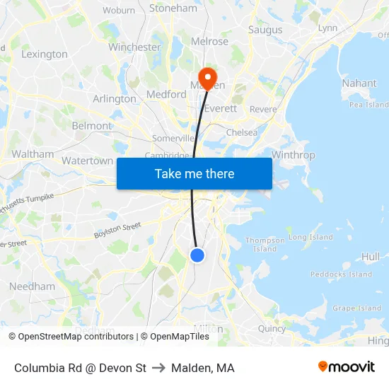 Columbia Rd @ Devon St to Malden, MA map