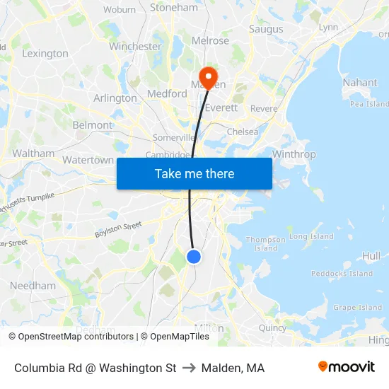 Columbia Rd @ Washington St to Malden, MA map
