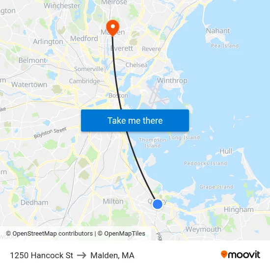 1250 Hancock St to Malden, MA map