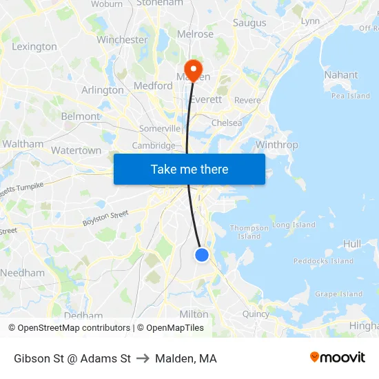 Gibson St @ Adams St to Malden, MA map